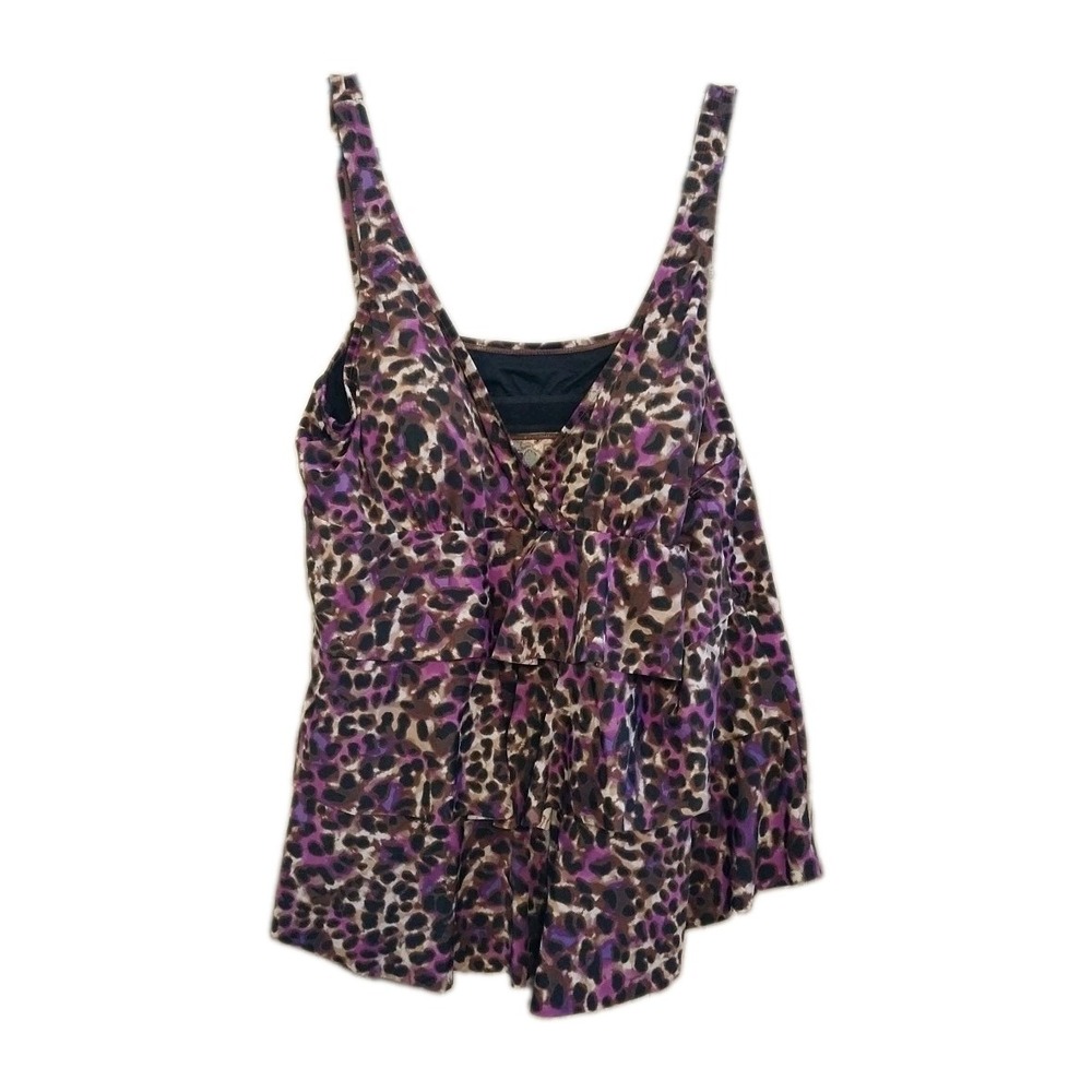 Jaclyn Smith Tiered Tankini Swim Top Purple & Black Animal Print 24W Slimming
